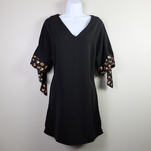 Skies are Blue Black Leopard Print V-neck Short Sleeve A-line Dress Size Small